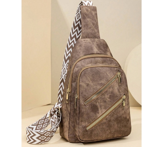 Luxe Brown Vegan Leather Zip up Crossbody Shoulder Bag